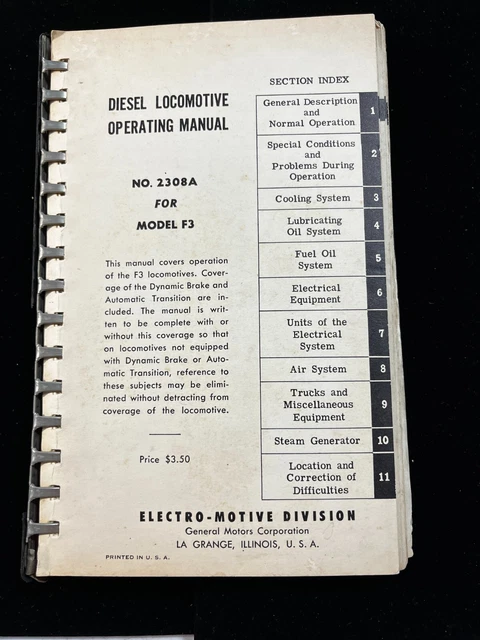 Vintage EMD Diesel Locomotive Operating Manual No. 2308A Model F3 Vintage EMD Diesel Locomotive Operating Manual No. 2308A Model F3