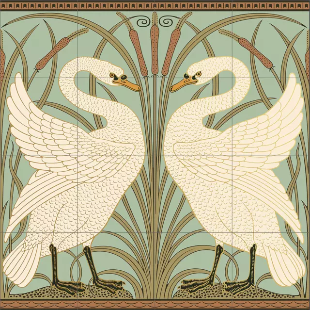 Walter Crane Swans Pastel 16 tile Kiln Fired Ceramic or Porcelain Tile Mural