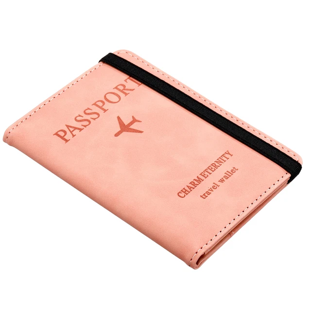 PU Passport Holder Cover with Strap, RFID Blocking Travel Wallet, Pink