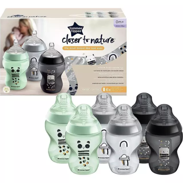 6 x Tommee Tippee Closer To Nature Baby Feeding Bottles 260ml 0m+ Slow Flow