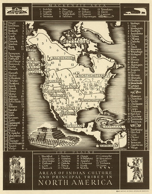 VINTAGE NORTH AMERICA Map of Native Indian Tribes CANVAS PRINT 24"X 36
