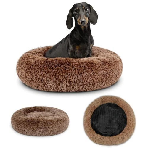Ultra Soft Faux Fur Dog Donut Bed Warm Fluffy Mattress for Pet Dog Cat - Brown