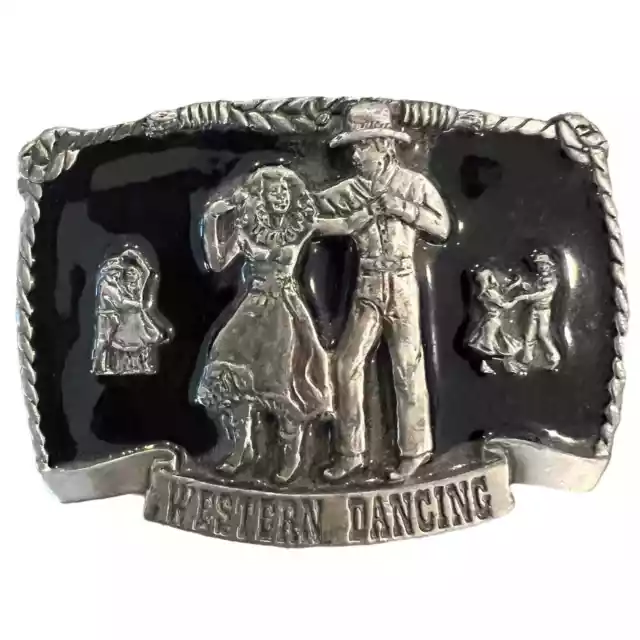 Buckles of America Vintage Pewter Western Dancing Belt Buckle with Black Enamel