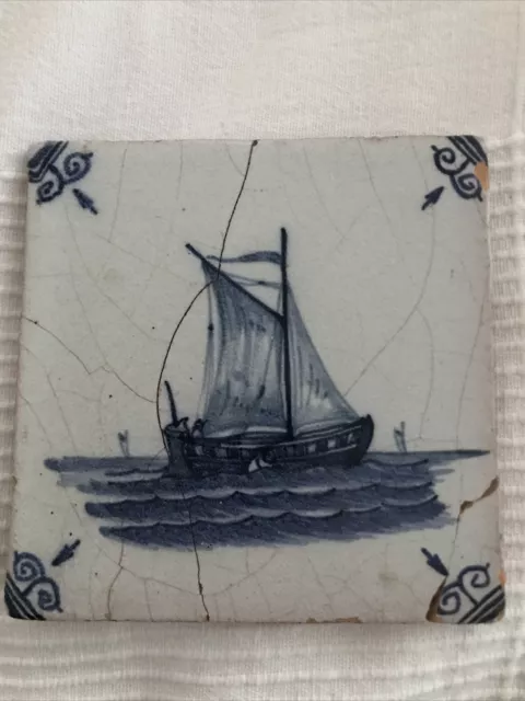 antique 17th C. Dutch delft blue Tile with Sailing Ship, Vessel, Two Master