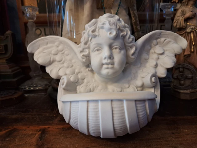 Huge Lovely France Antique Porcelain Bisque Angel Cherub Wall Holy Water Font