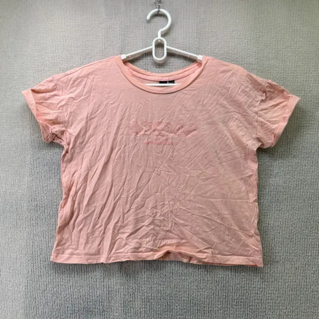 Adidas Womens T-shirt Size Medium Orange Pink Cropped Round Neck Cuffed Logo Top