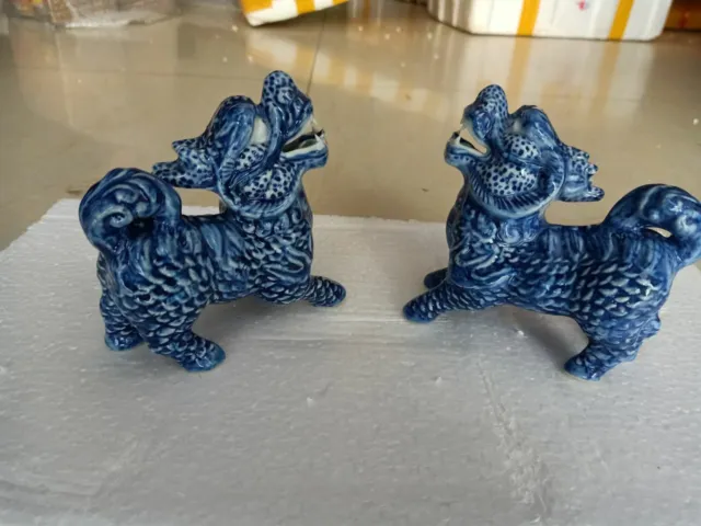 Chinese Old Pair Blue And White Colored Porcelain Kylin Statues