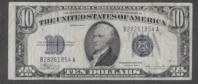 FR. 1704 Ten Dollars ($10) Series of 1934C Blue Seal Silver Certificate