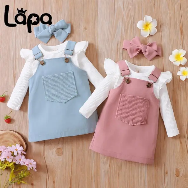 Newborn Baby Girls Romper Ribbed Tops Jumpsuit Dress Skirt Headband Outfits 3PCS