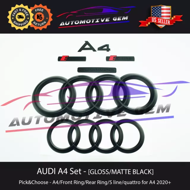 AUDI A4 Emblem GLOSS BLACK Grille Ring Trunk Ring Quattro S Line Set Sedan 2020+ 2