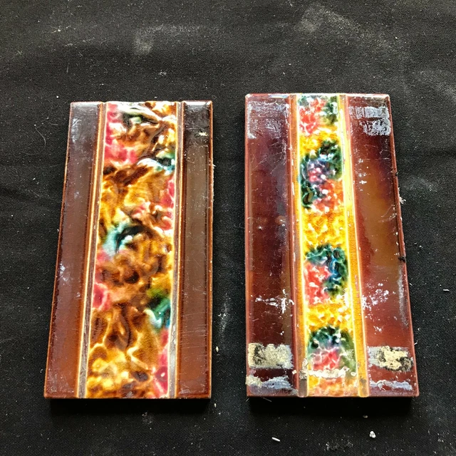 Pair of Reclaimed Antique 6" x 3" Ceramic Victorian Tiles Tiling Décor (BTS11)