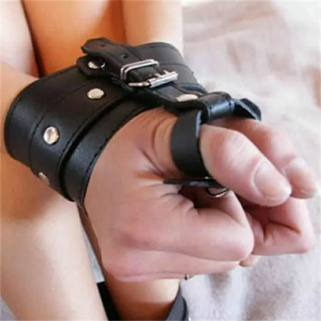 PU Leather Restraint cuffs Bondage Thumb Adjustable Ankle to Toe Handcuffs SM