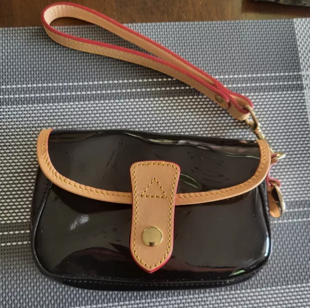 Dooney and Bourke Small  Black Patent Leather Wristlet - leather Strap and Trim.