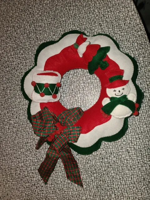 Vintage Felt Hand Made Christmas Door Wreath Drum Snowman Tree Bow Decoration