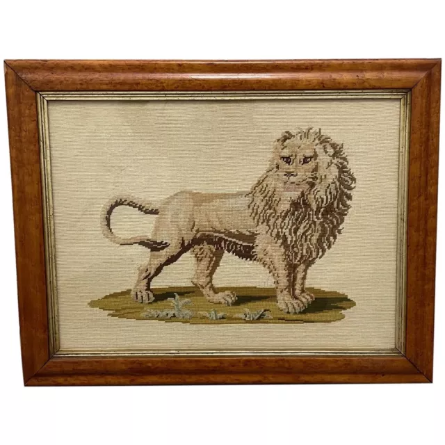 Beautiful Fine Artwork Victorian 19th Century Woolwork Standing Lion Tapestry