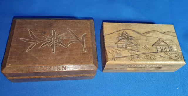 A Pair of Black Forest / Swiss Wooden Carved Stamp Boxes - Lucerne & Kandersteg