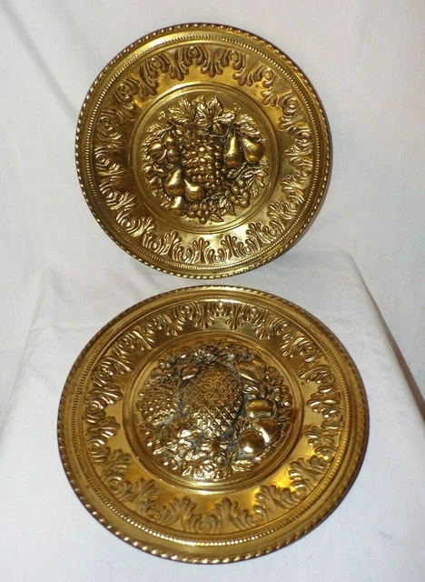 VTG Lot 2 Wall Art Hanging Metal Embossed Plates England Fruit Grapes Pears 12"