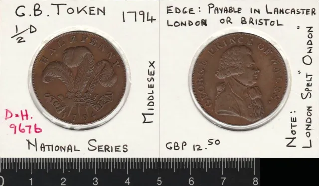 Great Britain: 1794 Half Penny token National Series Middlesex ½d  . D&H-967b