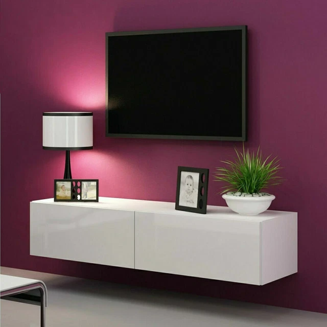 WHITE 160CM WALL Mounted TV Unit With High Gloss Floating Stand
