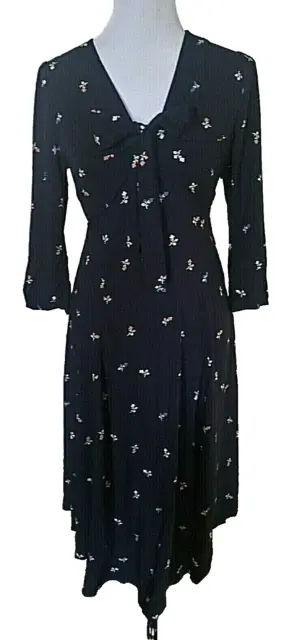 Anthropologie Acadie Tie Neck Dress By 11•1• TYLHO Floral Navy Blue Size XS Midi