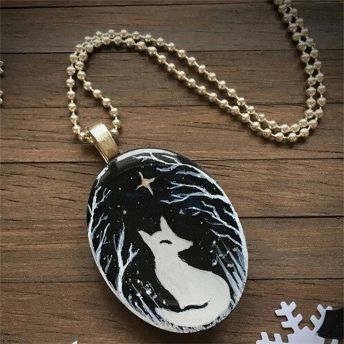 51x32x7mm Black White Enamel Glass Fox Pendant Necklace 17.5" EH945