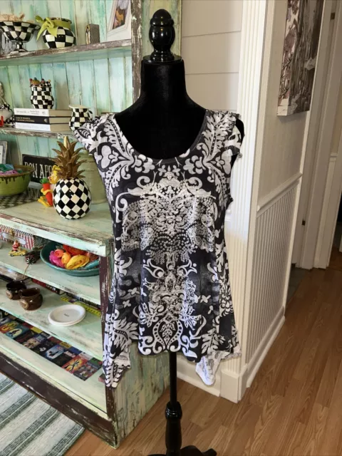 One World Blouse Women's Size Medium Black & White Silver Floral Sleeveless Boho