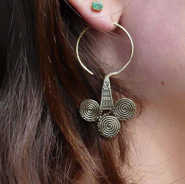 Tribal Celine Designer Gold Plated Brass Mandala Boho Vintage Spiral Earrings