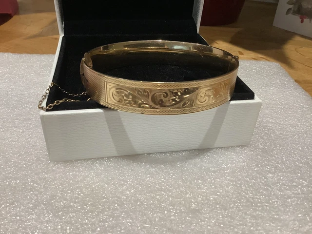 9ct Gold On Metal Core Engraved Bangle,Vintage Heavy 34g,LW&G Lagarmic Excellent