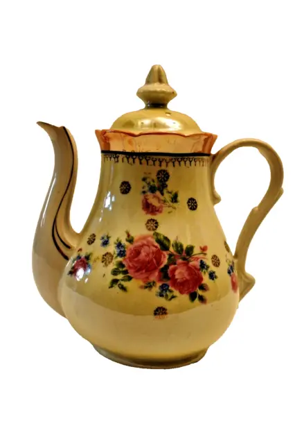Vintage Japanese Luster Ware Coffee Pot/Tea pot Rose Flower Hand Painted Pottery