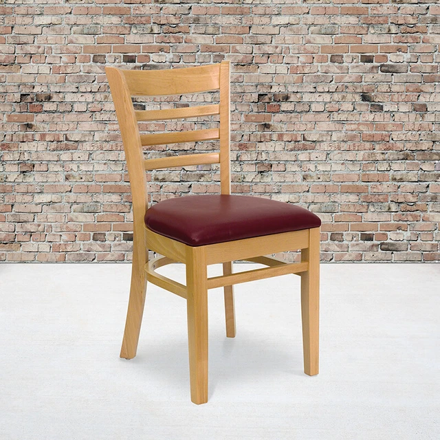 Hercules Series Ladder Back Natural Wood Restaurant Chair - Burgundy Vinyl Seat