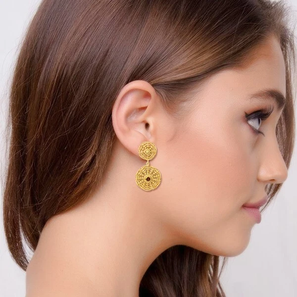Wire Wrapped Spiral Earring Gold Plated Red Garnet Brass Double Round Earrings 3