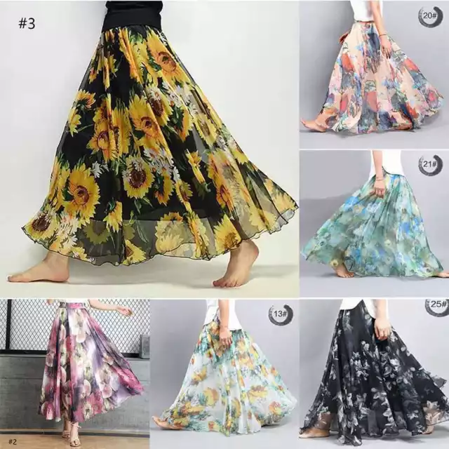 Maxi Skirt Summer Party Skirt Beach Floral Printed Women Fashion Long Chiffon