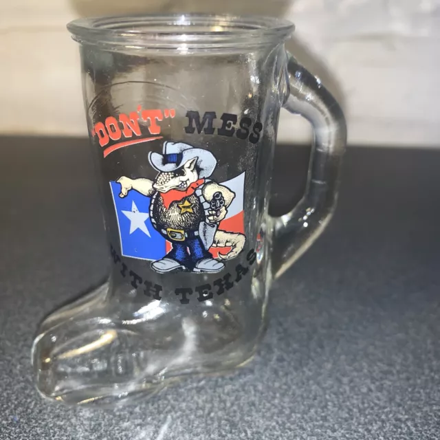 Vintage Libbey Glass Shot Glass Don't Mess With Texas Boot With Handle Souvenir