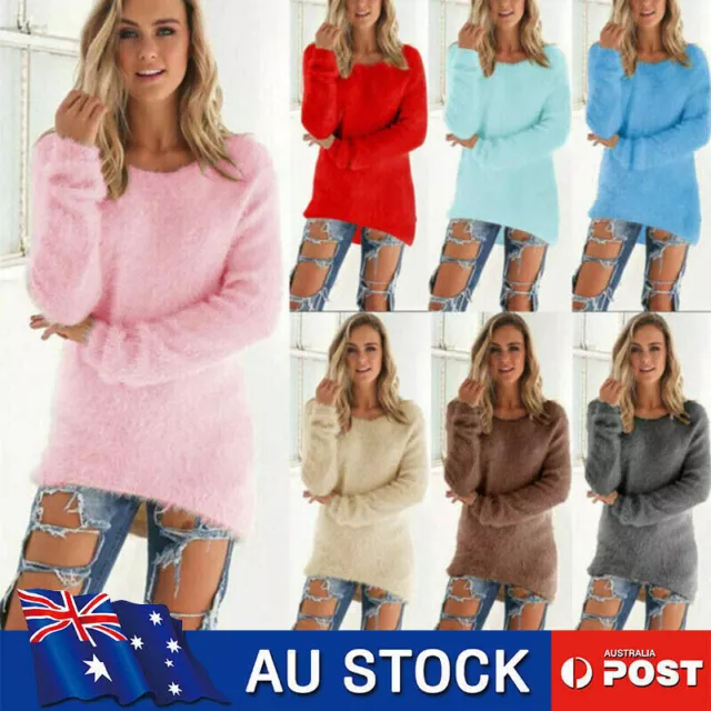 Womens Winter Warm Sweater Fluffy Plain Jumper Ladies Casual Long Pullover Tops