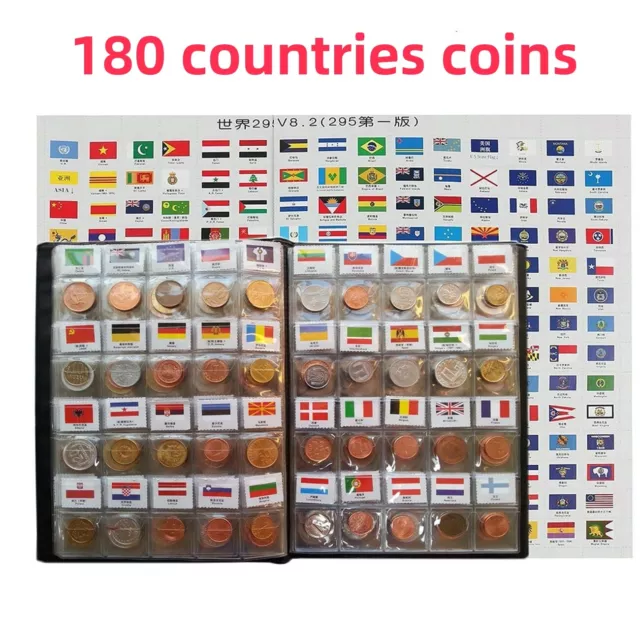 180PCS Different Countries Regions World Coins Money With Flag Collection Album