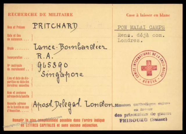 UK 1944 Singapore Malaya Japanese POW Camp Red Cross Cover Catholic Switze 89607