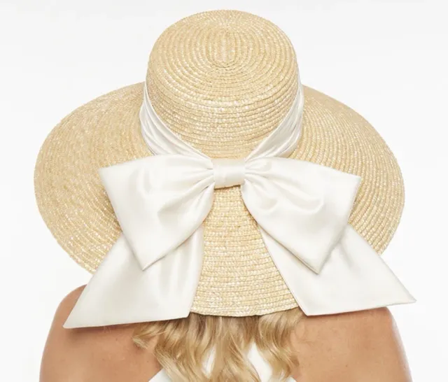 NWT Bridal Edition Eugenia Kim Mirabel Satin Bow Natural Straw Hat, Cream, $495
