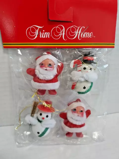 Vintage Flocked Felt Santa Claus Snowmen Christmas Ornaments Trim A Home NOS