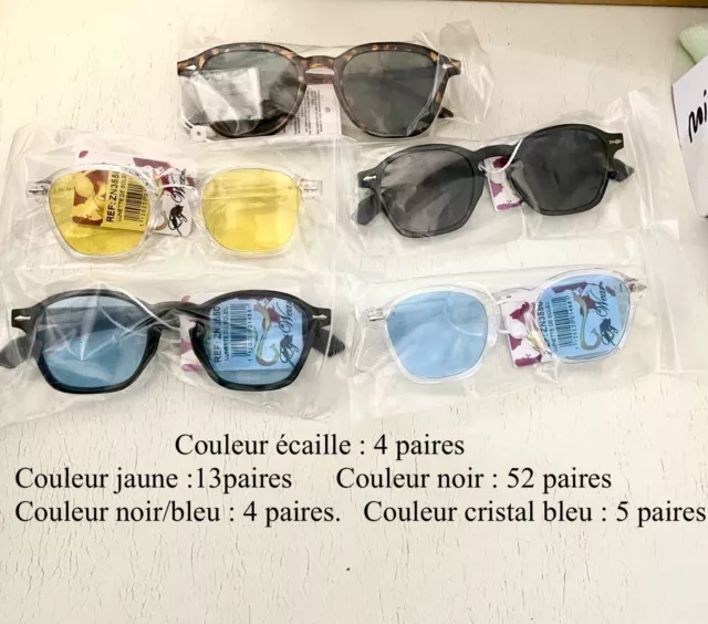 Lot de 78 lunettes de soleil mixte neuves noires, jaunes, bleues avec étiquettes