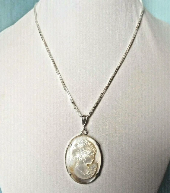 Pendentif Camée En Nacre Naturelle Avec Chaîne En Argent Massif 46cm - Fait Main En France