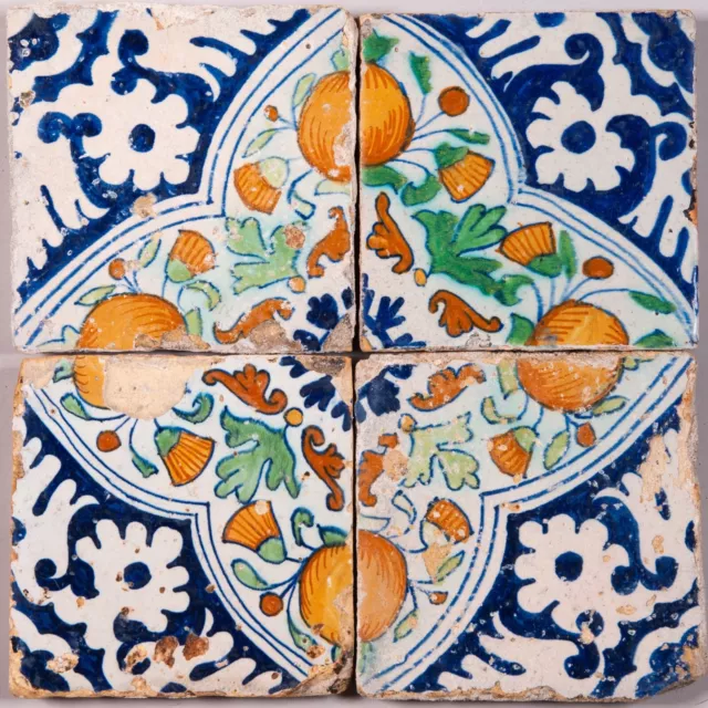 4 Dutch Delft polychrome ornament tiles, early 17th. century.