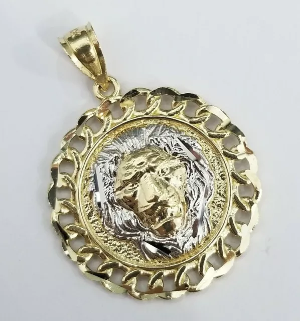 10K Yellow Gold Lion King Jungle Face Medallion Pendant Charm Cuban Link Border