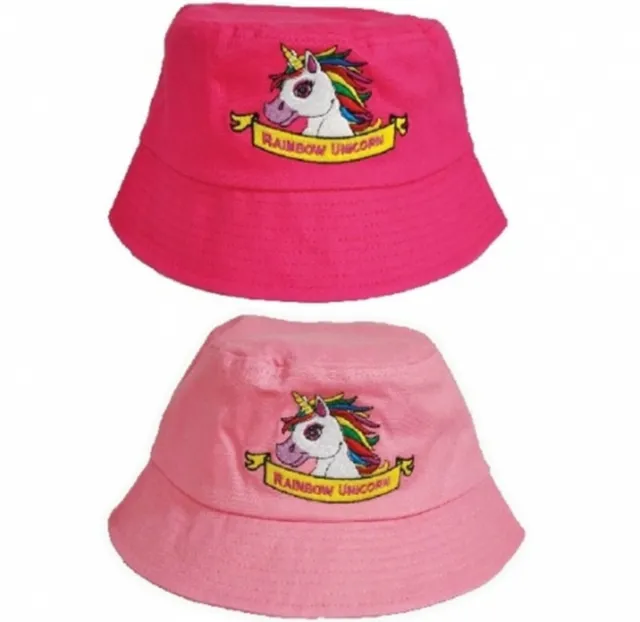 Girls Pink 100% Cotton Rainbow Unicorn Beach Bush Sun Summer Hat
