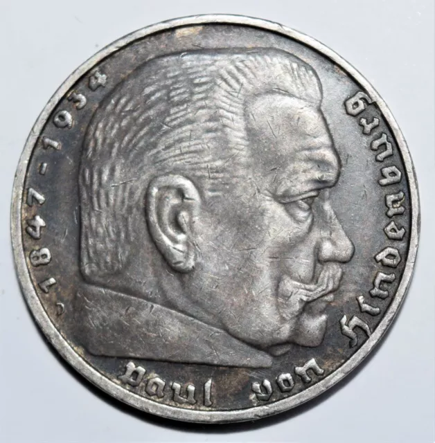 Hindenberg 1936D 5 Reichmark 90% Silver Coin