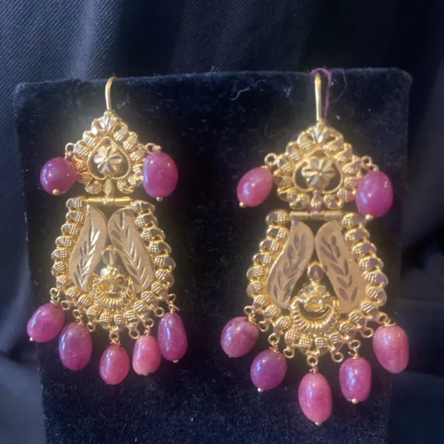 Authentic 22k 916 Real Y Gold  Ruby Hook Earrings Rare Find . On sale