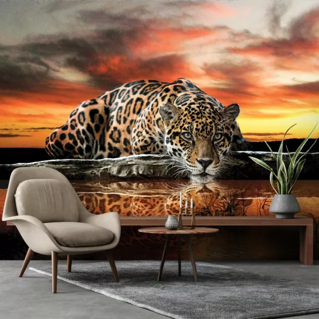 Vlies Fototapete Jaguar Leopard Afrika Safari Wohnzimmer Orange TAPETE XXL 124