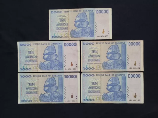 Zimbabwe 5 x 10 Million Dollars 2008 Pick- 78 – Lot 5 pcs RARE