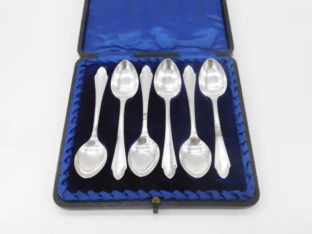 Boxed Set of Six Sterling Silver Tea Spoons Antique 1946 Sheffield Art Deco