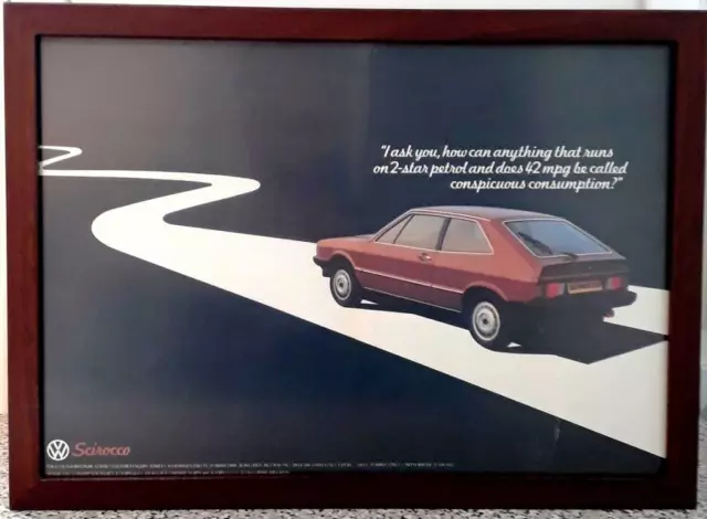 Large A3 original framed classic car ad for the VW Scirocco from 1980