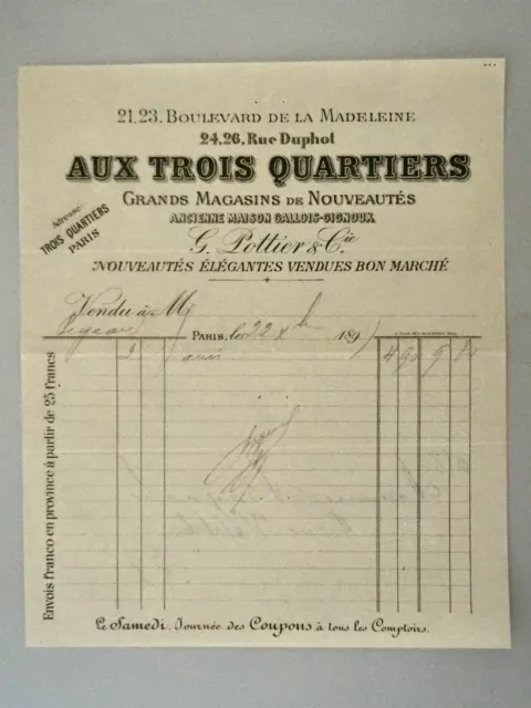 Paris-75-Facture Ancienne -Grands Magasins De Nouveautes-Aux 3 Quartiers-1903